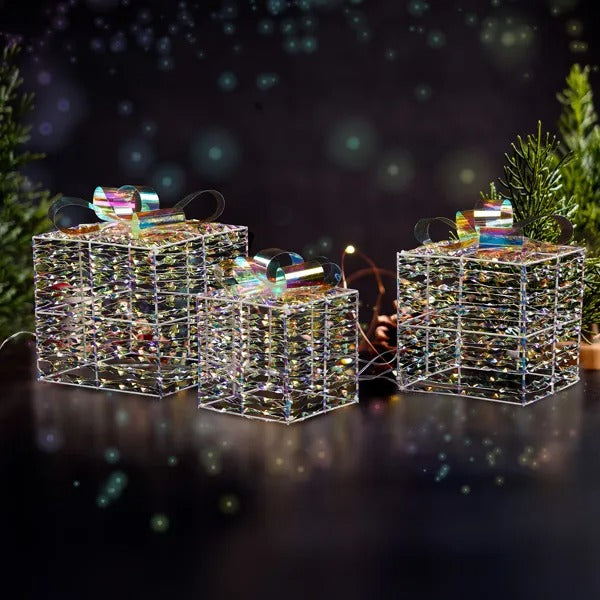 Lighted Iridescent Gift Boxes Set Of 3, Pre-lit Nestable Present Boxes Ornament With 140 LED Warm White Lights And Stakes For Christmas Outdoor Indoor Decor Lighted Holiday Displays