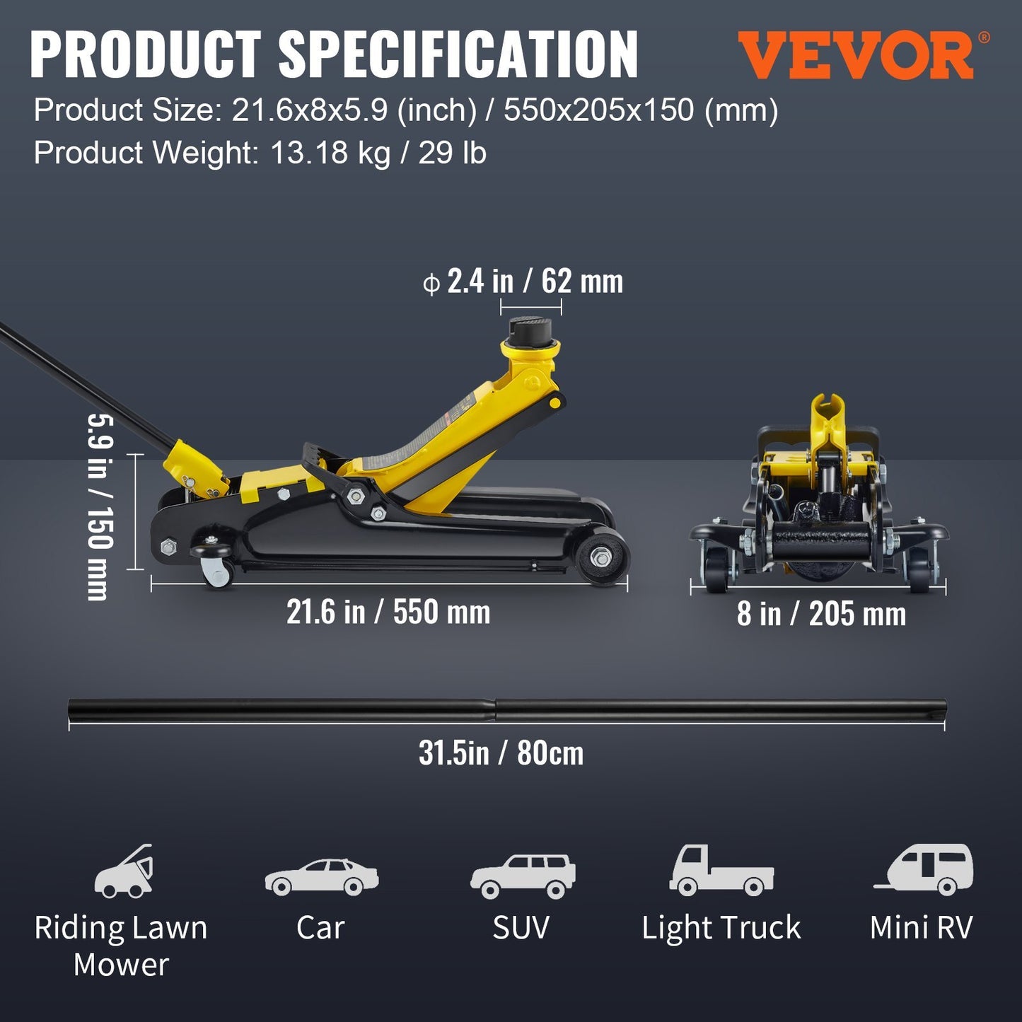 VEVOR Low Profile Floor Jack 2.5 Ton Heavy Steel Single Piston HydraulicPump