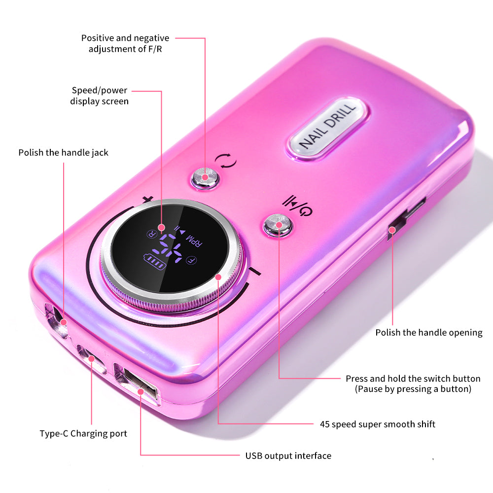 Professional Electric Nail Drill, 45000RPM Cordless Nail File Drill With 6 Drills, LCD Display, Nail File Machine For Removing Acrylic Gel Nails, Nail Salon Equipment, Rechargeable
