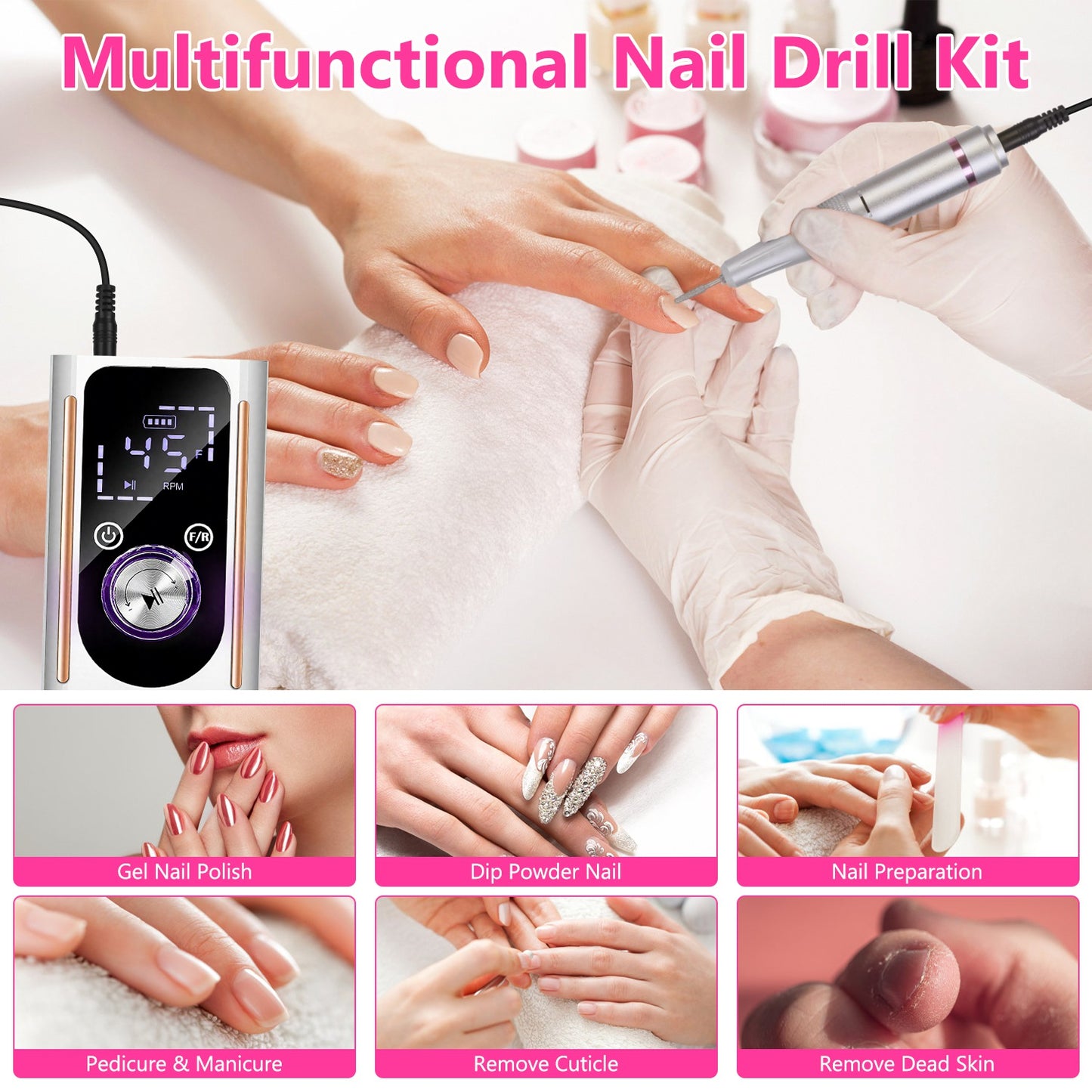 1 Set  Portable Electric Nail Drill Bit 45000 RPM With 11 Bits Base Waist Clip Cordless Rechargeable Nail File Machine For Professional Salon Home Acrylic Nails Remove Nail Gel Polish Manicure