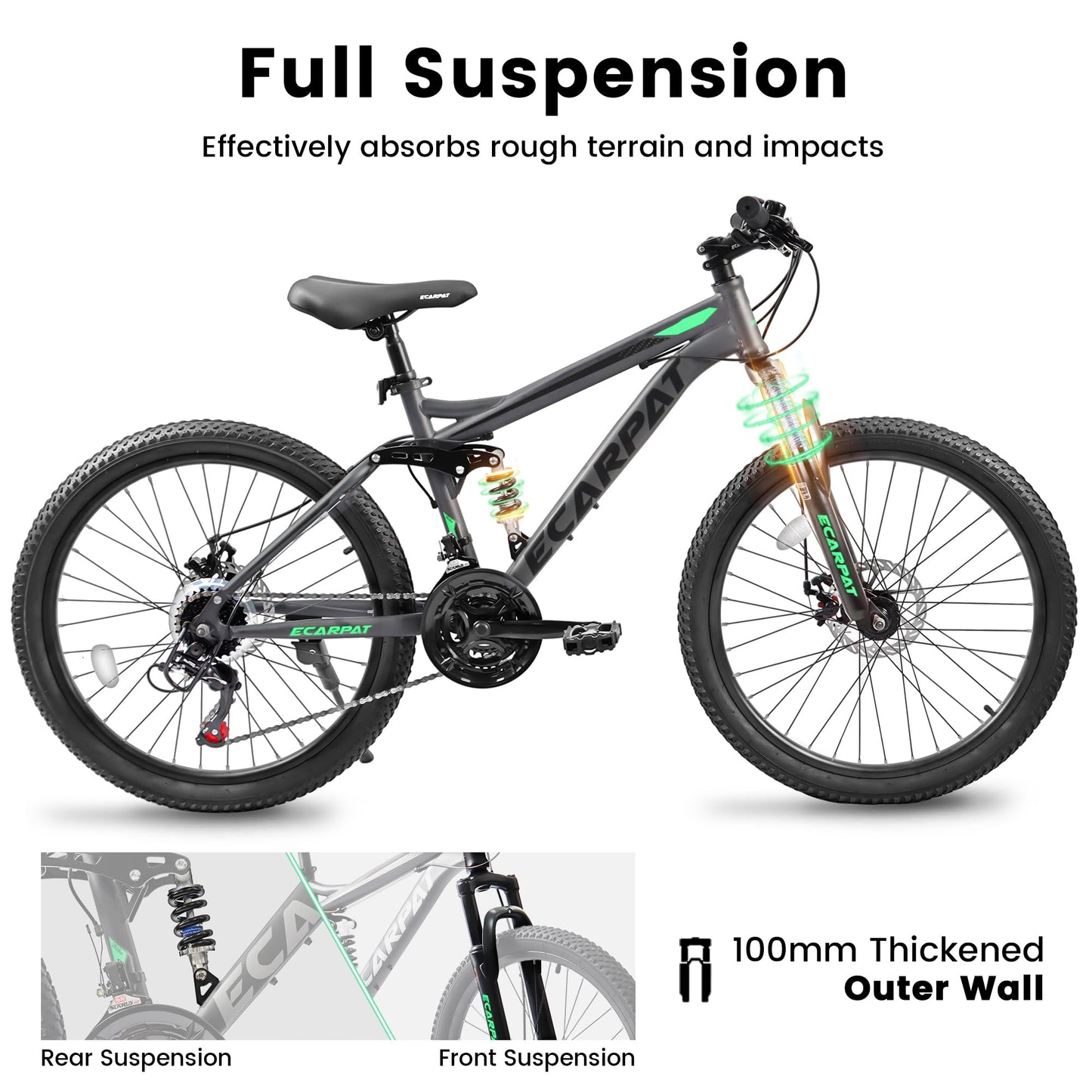 A2460 24 Inch Mountain Bike With Full Suspension, 21 Speed Shifter Lever With Gear Indicator, High Carbon Steel Frame, Mechanical Disc Brakes, Unisex For Men Women Adults, Ideal For Trails.