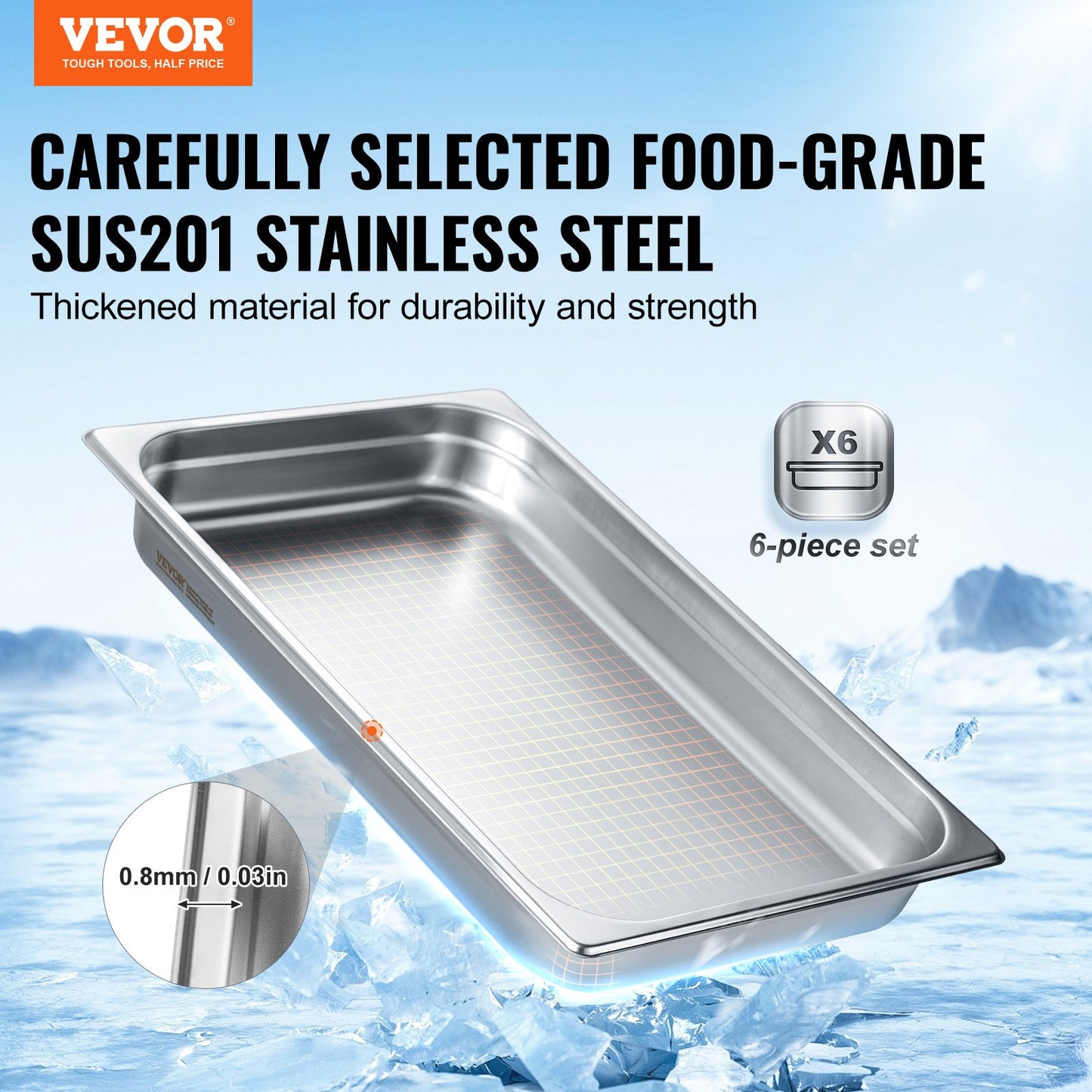 6 Pack Hotel Pans, Full Size Anti-Jam Steam Pan, 0.8mm Thick Stainless Steel Restaurant Steam Table Pan, 2.5-Inch Deep Commercial Table Pan, Catering Storage Food Pan, For Industrial & Scientifi