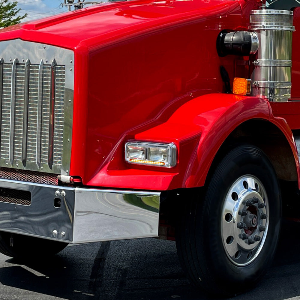 Chrome Rectangular Dual Headlight Bezels With Amber Lens , Amber LED 2Pcs