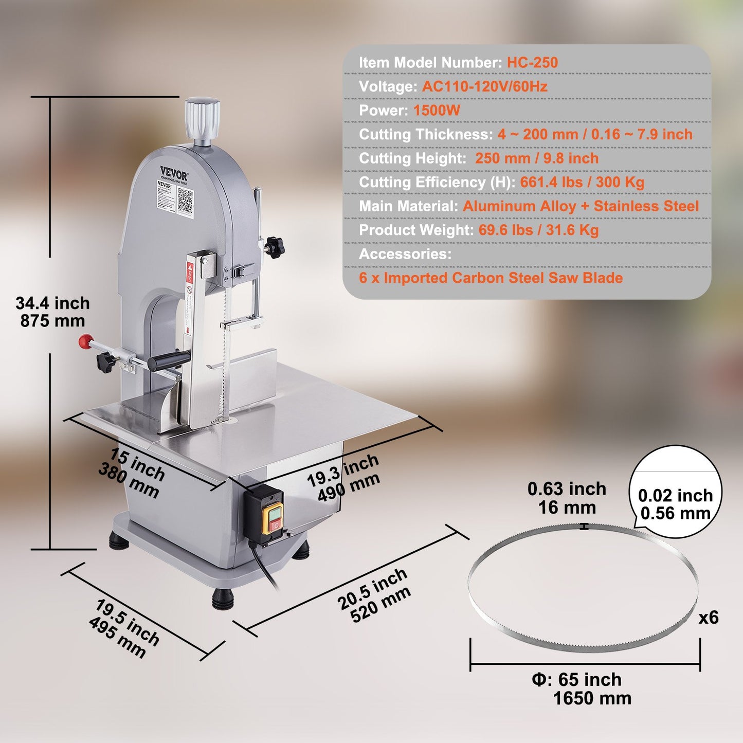 Commercial Electric Meat Bandsaw, 1500W Stainless Steel Countertop Bone Sawing Machine, Workbeach , 0.16-7.9 Inch Cutting Thickness, Frozen Meat Cutter With 6 Blades For Rib Pork Beef