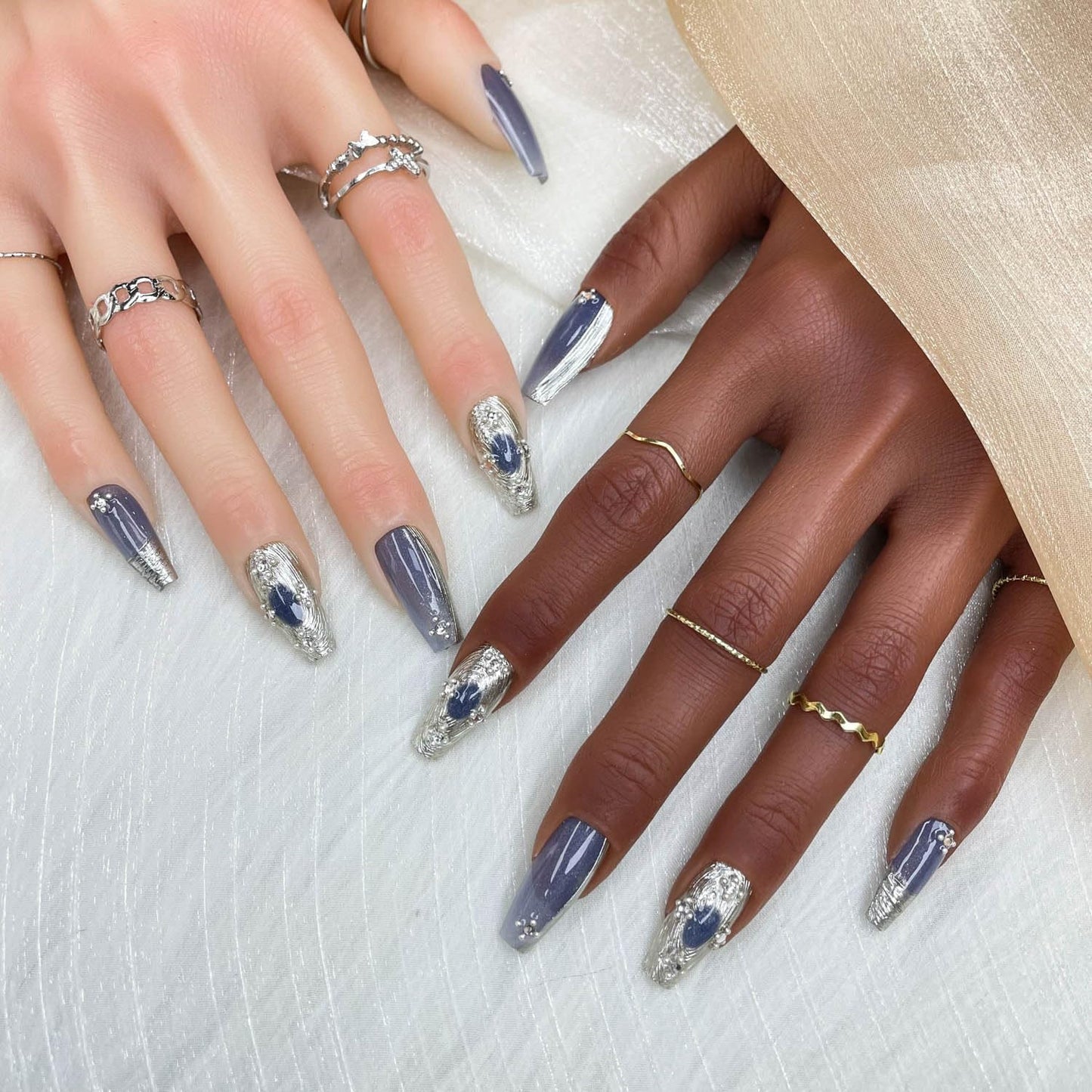 GGDDSHA 10pcs Press On Nails Long Coffin Fake NailsFashion Rhinestone Design Art Charms For WomenHandmade Nail Art Manicure Gradient,Mercury Veil