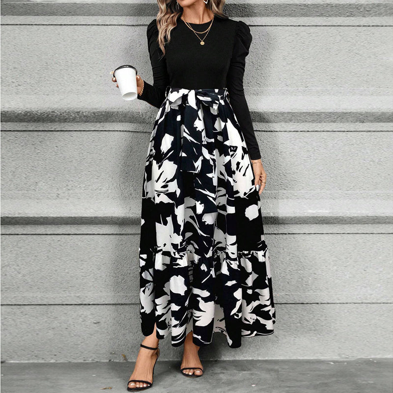 Women's Round Neck Long Sleeve Dress, Patchwork Print & Pleated Maxi Dress With Waist Bow For Spring & Fall