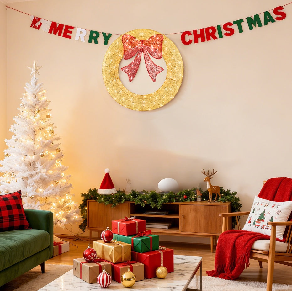 Christmas Wreath Decoration, LED Metal Holiday Decoration In Green Yellow