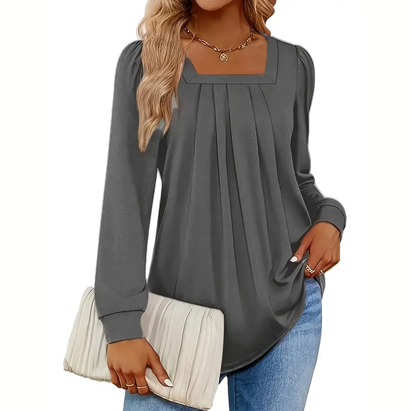 2-Pack Women's Puff Sleeve Square Neck Blouse, Fall Trendy Pleated Tunic Top, Dressy Casual Long Sleeve Work Shirt