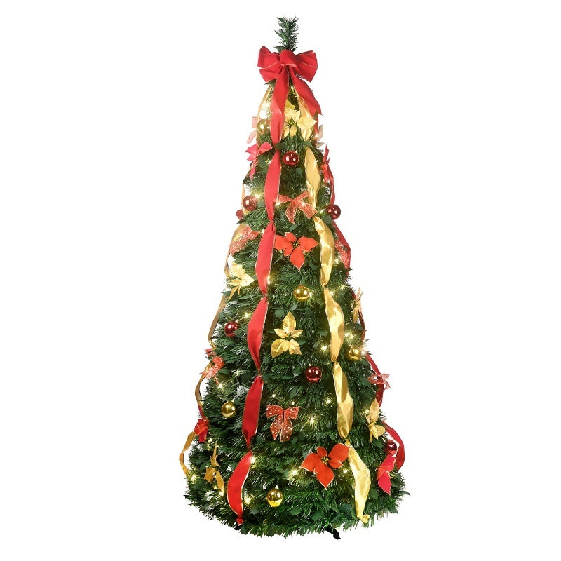 Prelit Full Pop Up Christmas Tree With Warm LED Lights, Gold And Red Ribbon, Bows, Balls Ornaments Easy Assemble Collapsible Xmas Trees Holiday Party Decor