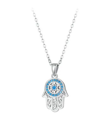 Sterling Silver Trendy Fatima's Guarding Hand Pendant Hamsa Lucky Necklaces For Women Fine Jewelry Gift