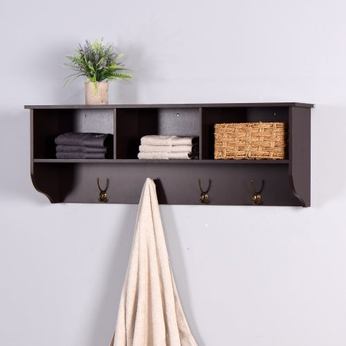 Espresso Entryway Wall Mounted Coat Rack With 4 Dual Hooks Living Room Wooden Storage Shelf