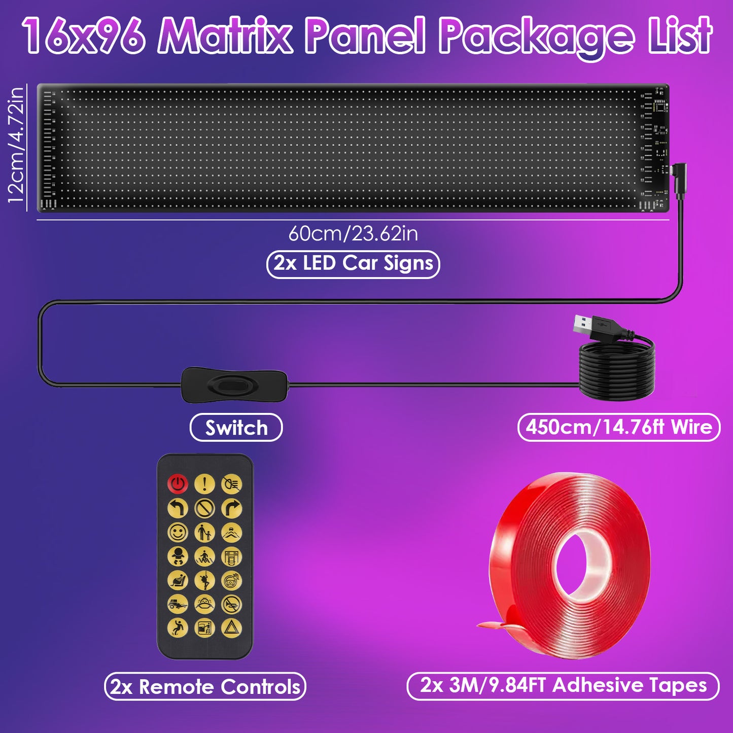 2Pack 16x96 Matrix Devil Eyes Lights For Car Ultra-thin Programmable LED Car Signs With APP Remote Control DIY Design Text Patterns Animations