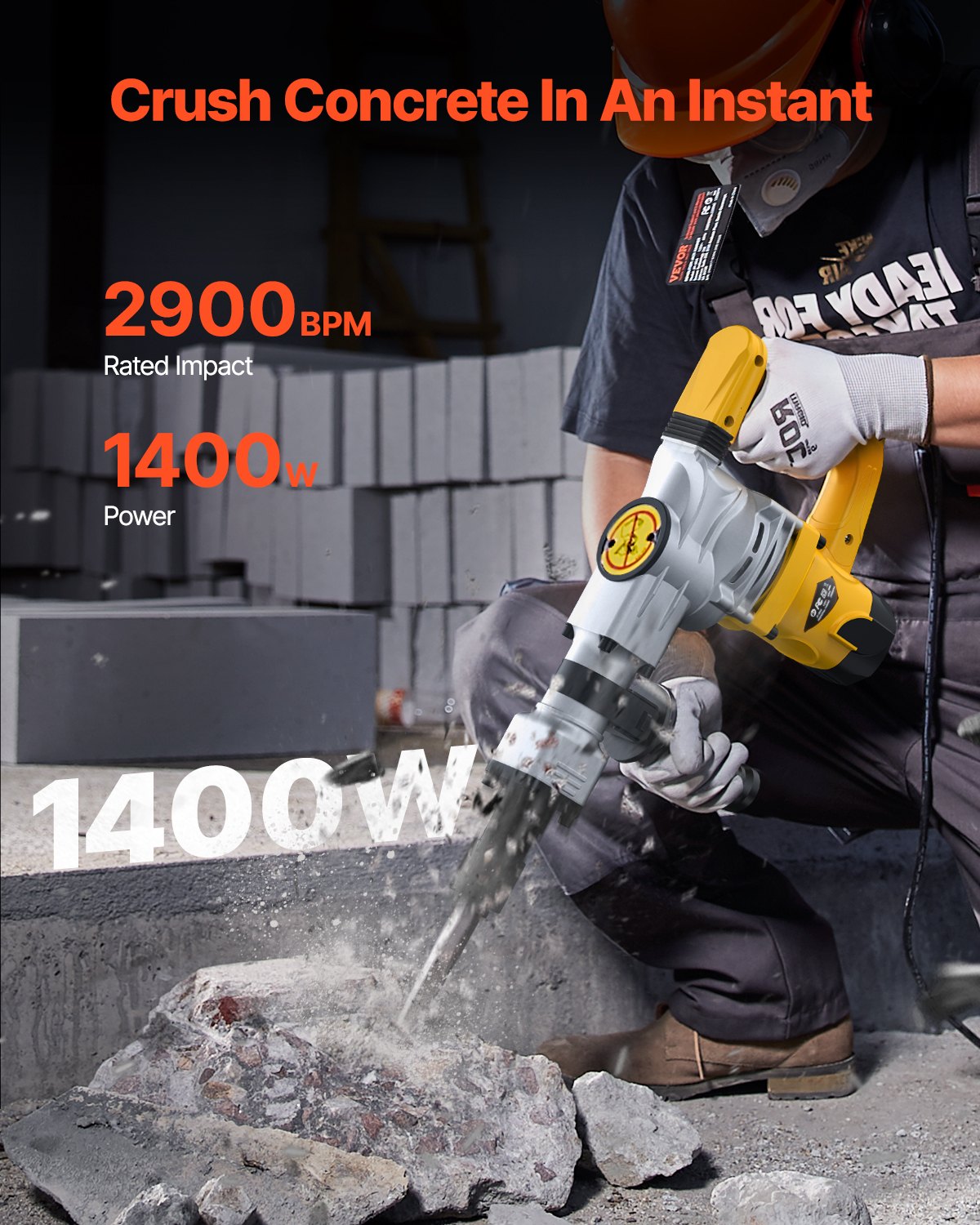 Demolition Jack Hammer Concrete Breaker 1400W Electric Hammer 2 Chisel Bit