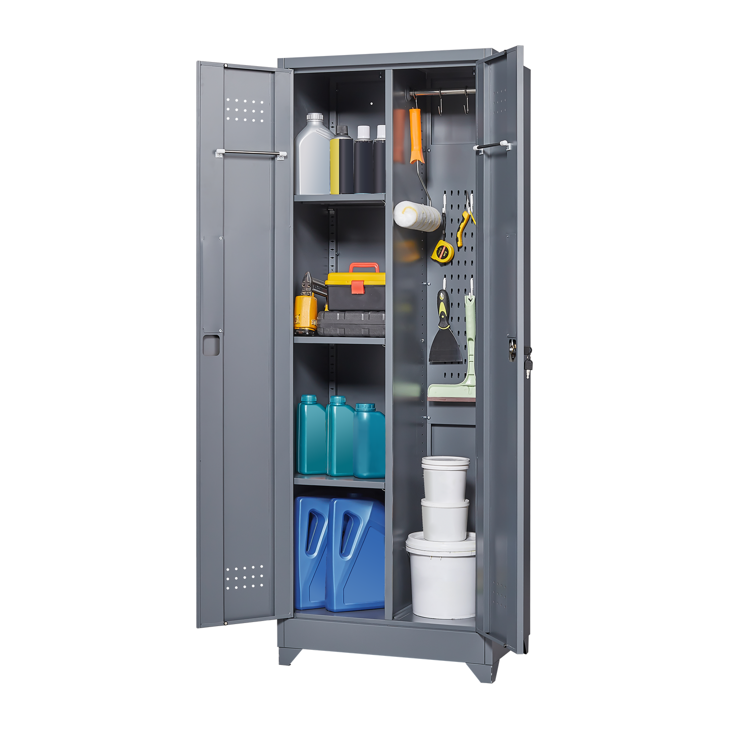 Broom Storage Cabinet With Locking Doors And Shelves, 65  H Metal Storage Cabinet With Hanging Rod & S-Hooks, Cleaning Tool Storage Cabinet Grey