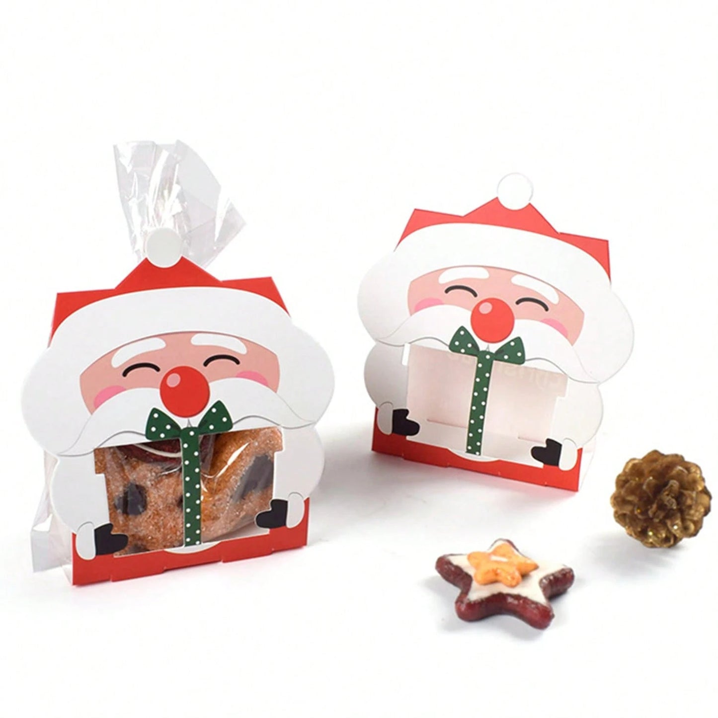 8 Pcs Mini Christmas Treat Boxes With Cellophane Bags And Twist Ties Cartoon Santa Claus Design Gift Box Cute Paper Merry Christmas Baking Packing Bags For Xmas Holiday Party Supplies