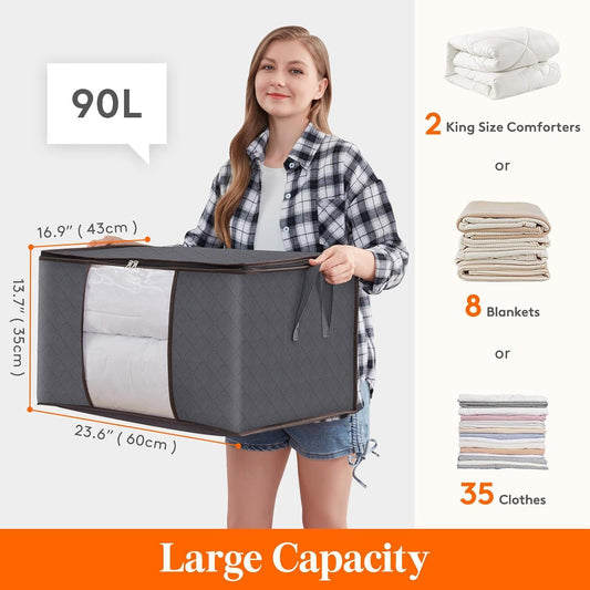 Large Capacity Duvet Clothing Storage Bag With Reinforced Handle, Thick Fabric, Foldable, Sturdy Zipper, 1 Set Of 3 Bags Box, 90L, Gray