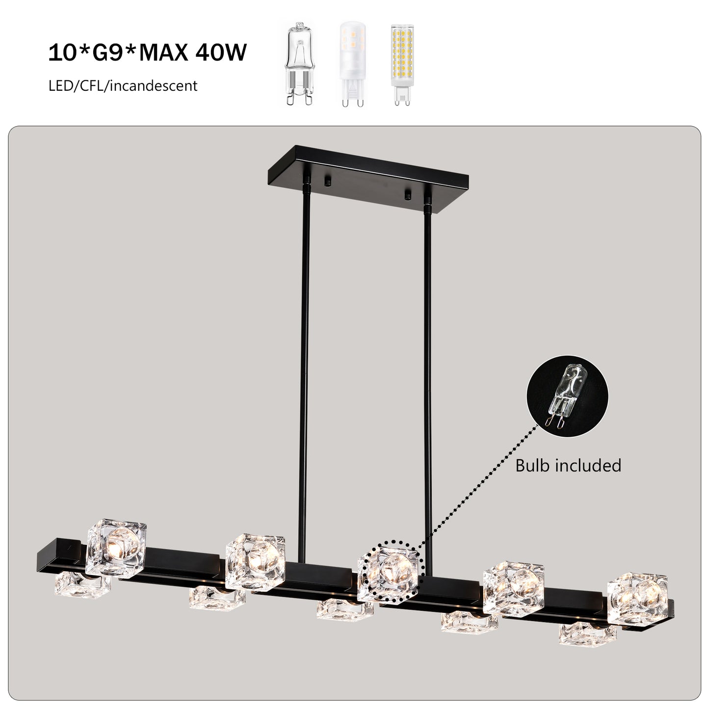Rectangle Chandelier For Dining Room, 10-Light Black Farmhouse Linear Pendant Light Fixture, Modern Crystal Hanging Lighting Chandelier For Lobby, Kitchen, Bedroom, Living Room, Conference Room, Home