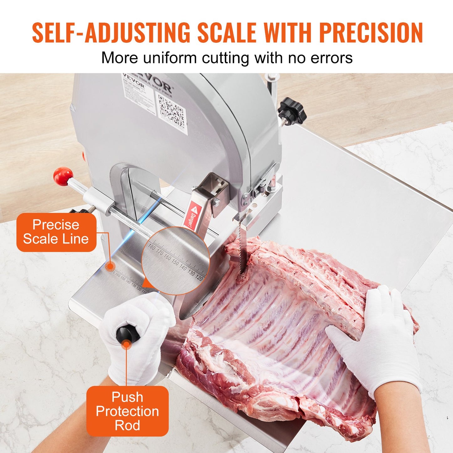 Commercial Electric Meat Bandsaw, 1100W Stainless Steel Countertop Bone Sawing Machine, Workbeach 19.3" X 15", 0.16-7.9 Inch Cutting Thickness, Frozen Meat Cutter With 6 Blades For Rib Pork Beef