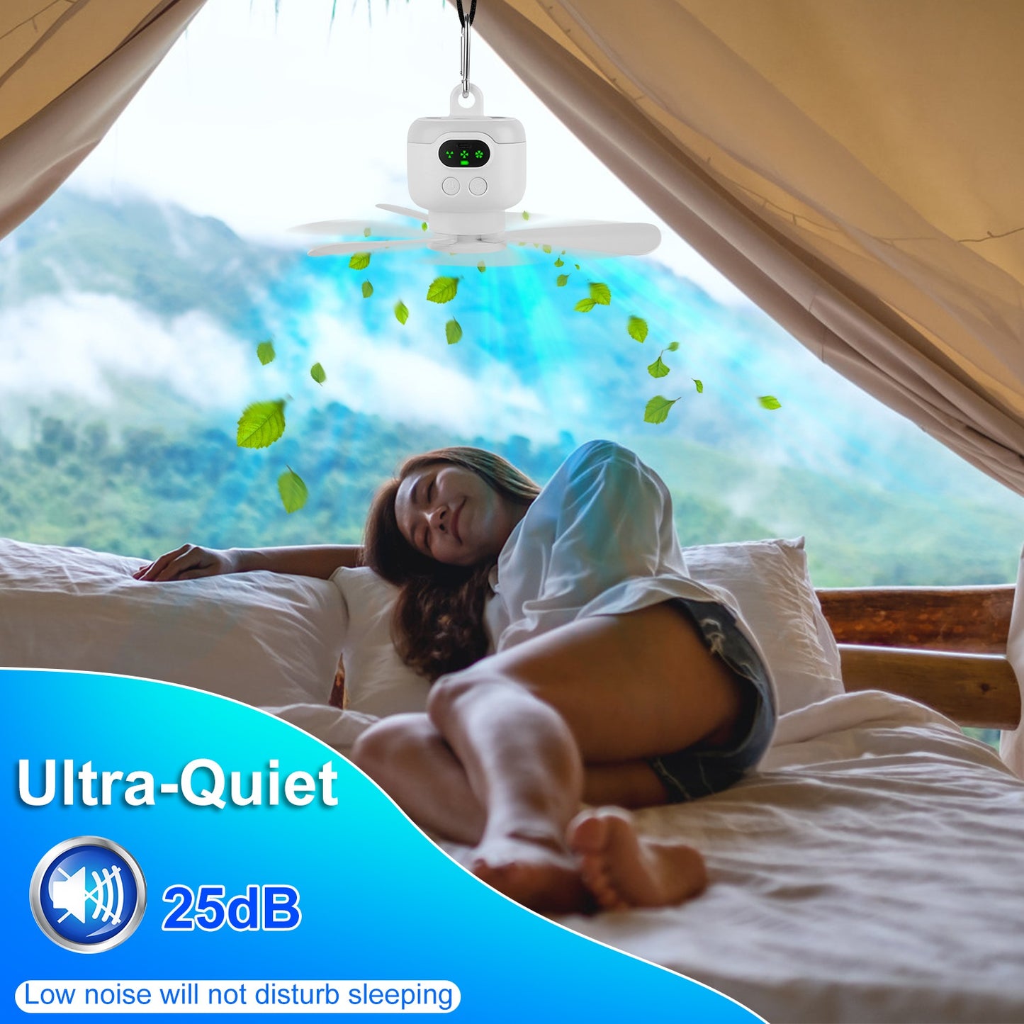 1Pc 2 In 1 Portable Camping Fan With LED Lantern 8000mAh Battery Powered Tent Fan With Carabiner Digital Display 4 Speeds 4 Timer Settings For Camping Canopy Tents RV