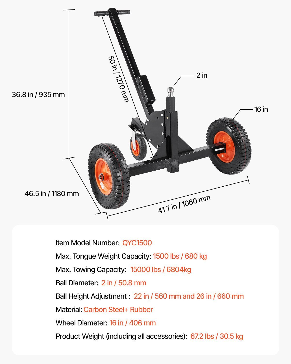 1500lbs 2-in-1 Trailer Dolly 22 And 26 In Adjustable Height 2in Ball With Caster