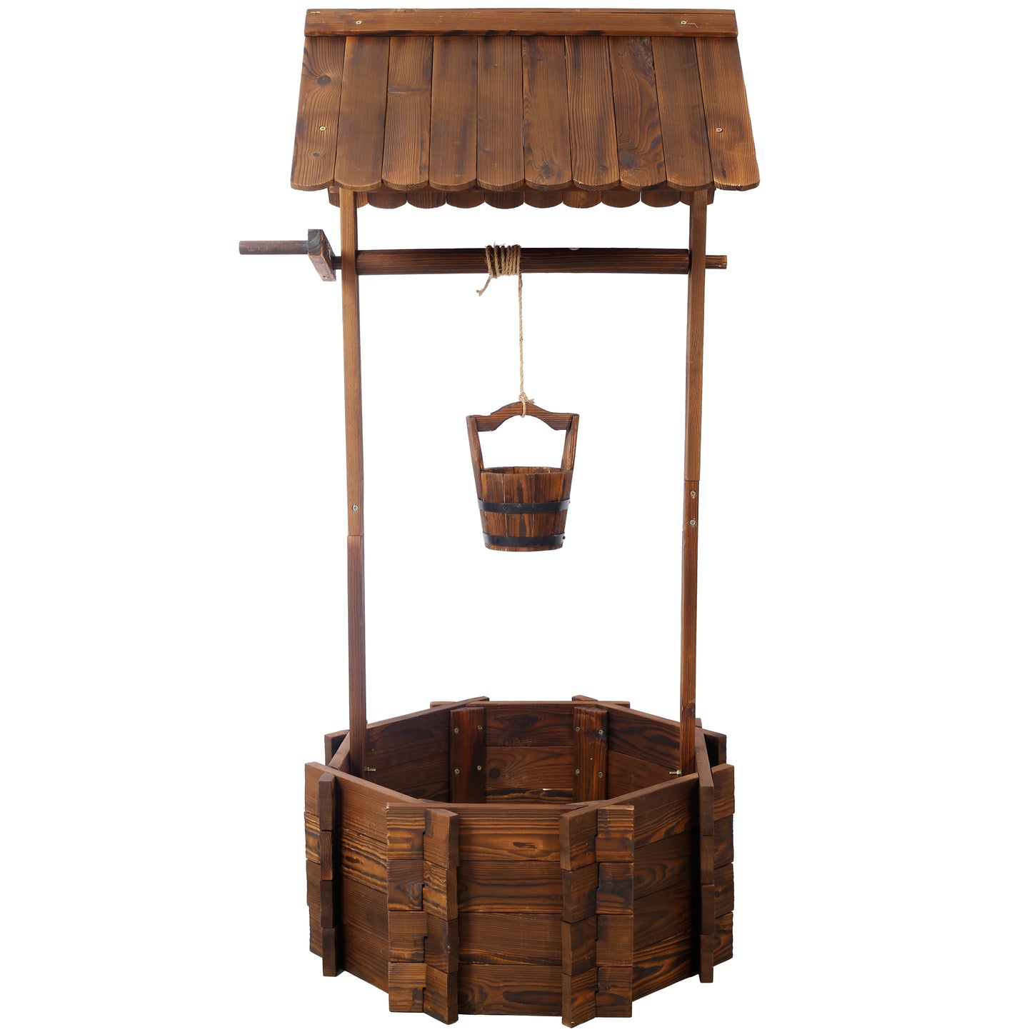 Rustic Wooden Wishing Well Planter Outdoor Home DEcor For Patio, Garden, Yard W Hanging Bucket