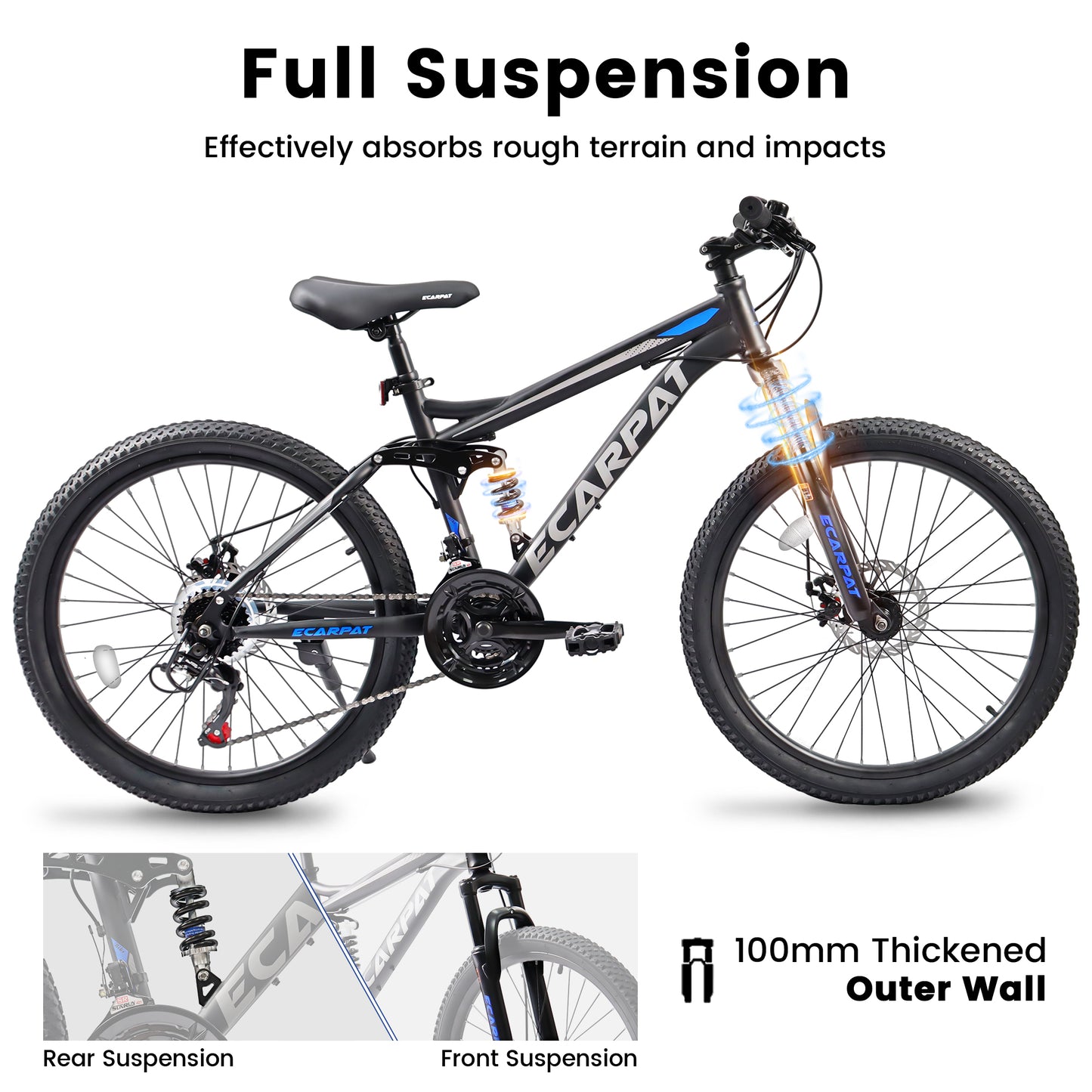 A2460 24 Inch Mountain Bike With Full Suspension, 21 Speed Shifter Lever With Gear Indicator, High Carbon Steel Frame, Mechanical Disc Brakes, Unisex For Men Women Adults, Ideal For Trails.