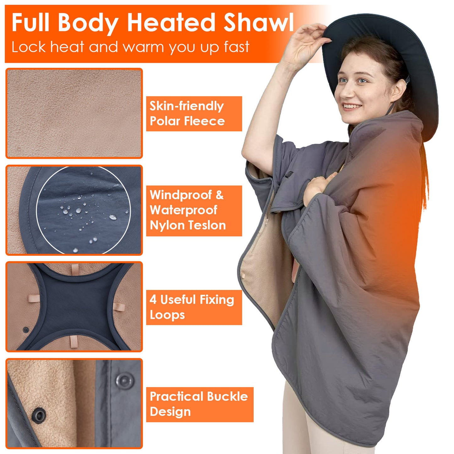1Pc 53.5x37.8in Electric Heated Throw Full Body Heated Shawl Indoor Outdoor Heated Blanket With 3 Heating Levels 2Hrs Auto Off Machine Washable Waterproof