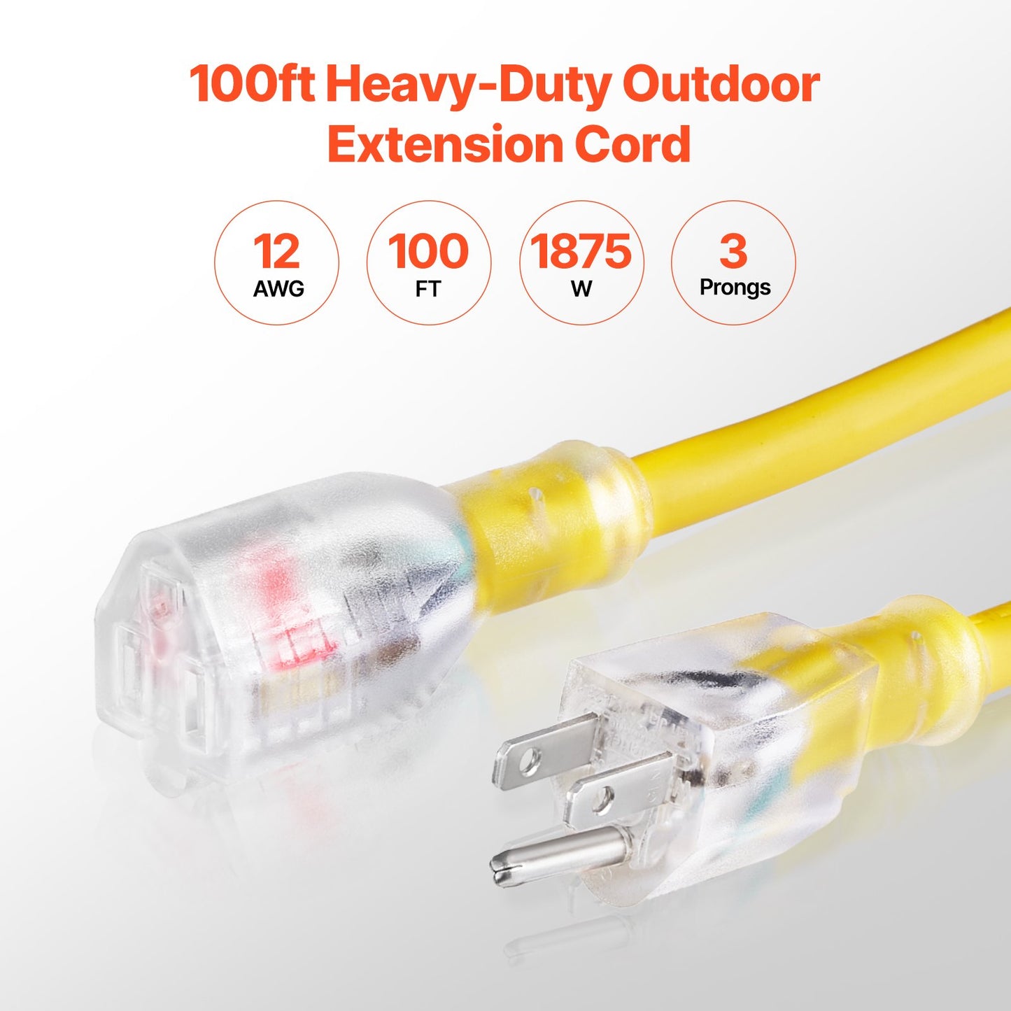 One Hundred FT Heavy Duty Extension Cord 12AWG 15Amps 1875W 3 Prongs With Lighted End