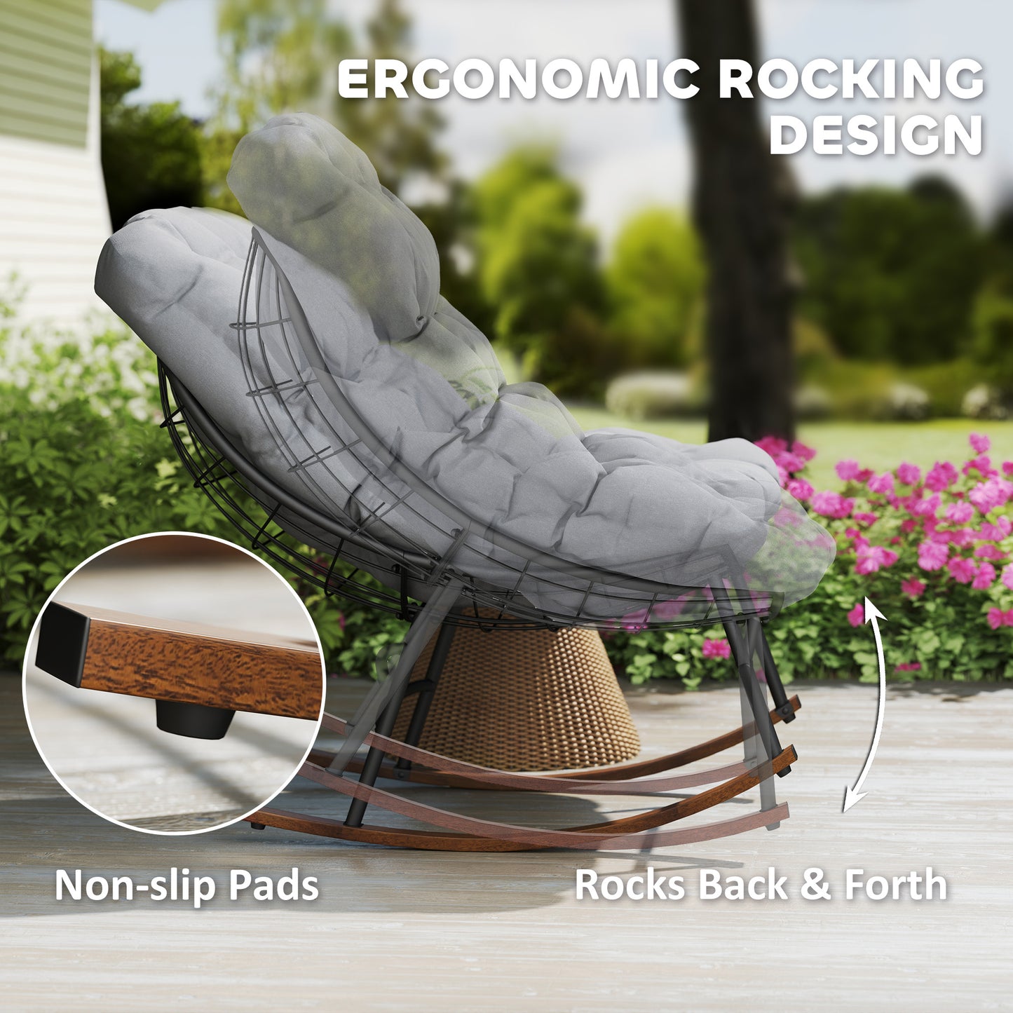 Outdoor Rocking Chair Patio Set of 2, Oversized Rocking Papasan Chairs with Cushions for Garden Porch, 265 lbs., Gray