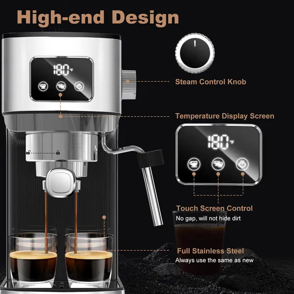 Geek Chef Espresso Machine, Cappuccino & Latte Machine With ESE POD Filter & Milk Frother Steam Wand, Accurate Temperature & Time Control, Compact Coffee Machine For Home,Stainless Steel