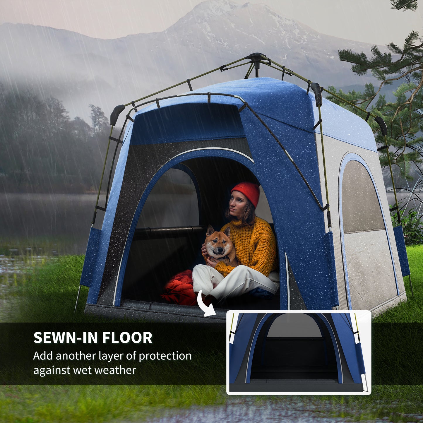 4 Person Pop Up Camping Tent Quick Setup Automatic Hydraulic Family Travel Tent w/ Windows Doors Carry Bag