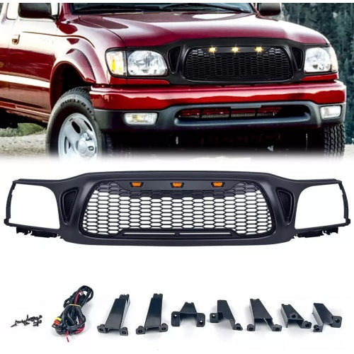 Front Grille Fits For Tacoma 2001 2002 2003 2004 With Amber LED Accent Lights Matte Black