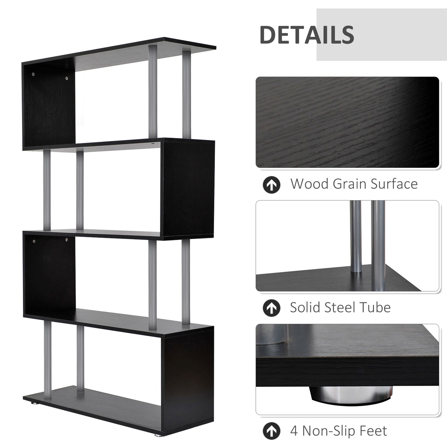 5-Tier Bookcase S-Shaped Wooden Storage Shelf Modern Decorative For Home And Office Black