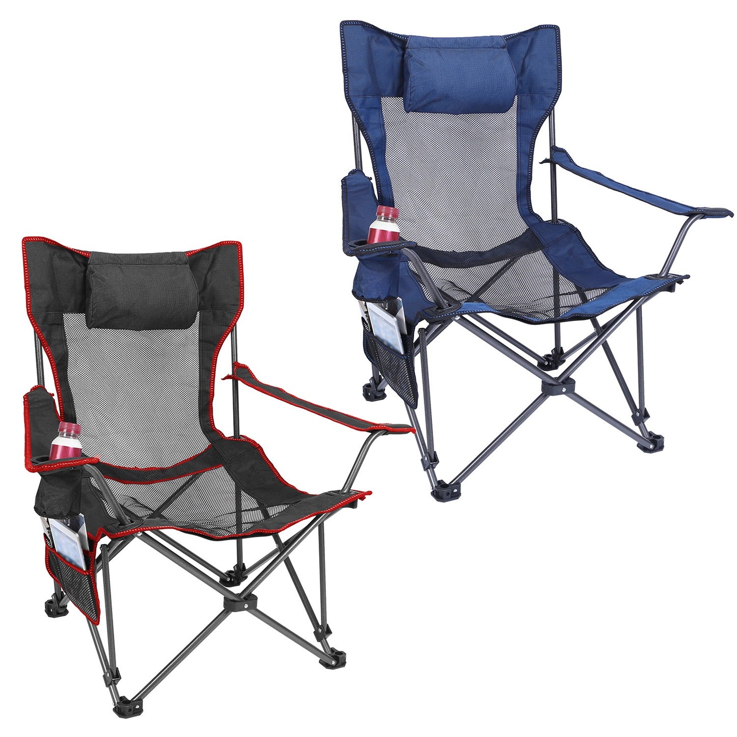 1Pc Foldable Camping Chair 330LBS Load Heavy Duty Steel Lawn Chair Collapsible Chair With Reclining Backrest Angle Cup Holder Pillow Side Pocket Carry Bag