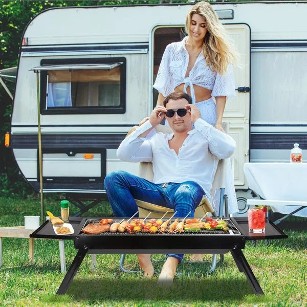 Folding Charcoal BBQ Grill Stainless Steel Grill With Shelf Net Easy Setup For Camping Picnic Outdoor Party Backyard