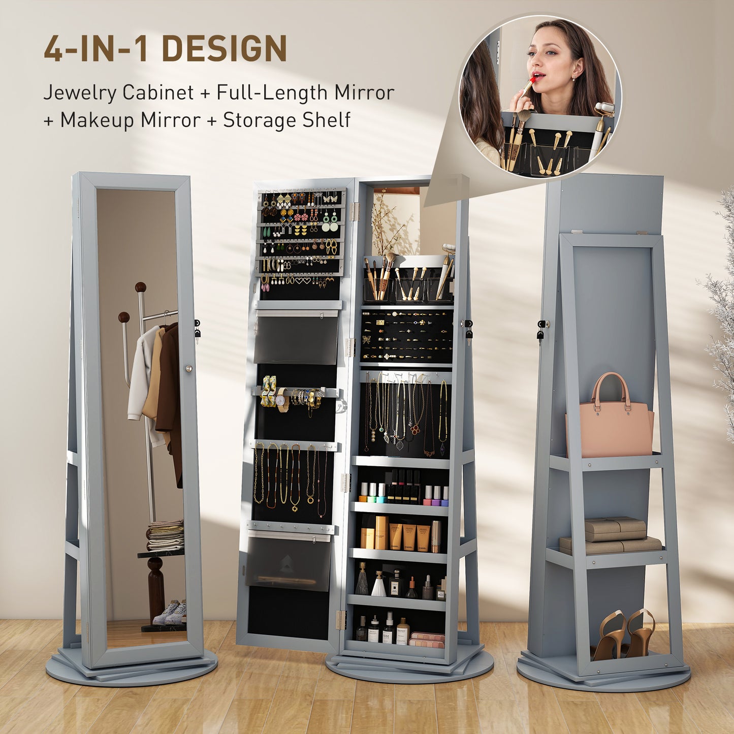 360° Swivel Jewelry Armoire, Lockable Jewelry Cabinet with Full-Length Mirror, Storage Shelves, Gray