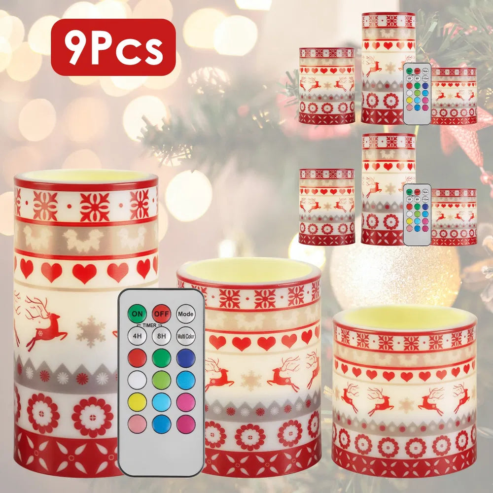 3Pcs/6Pcs/9Pcs Quantity Options Christmas Flameless LED Candles Deer Flickering Candle Lights Pillar Candles With 3 Lighting Modes Timer Remote Control