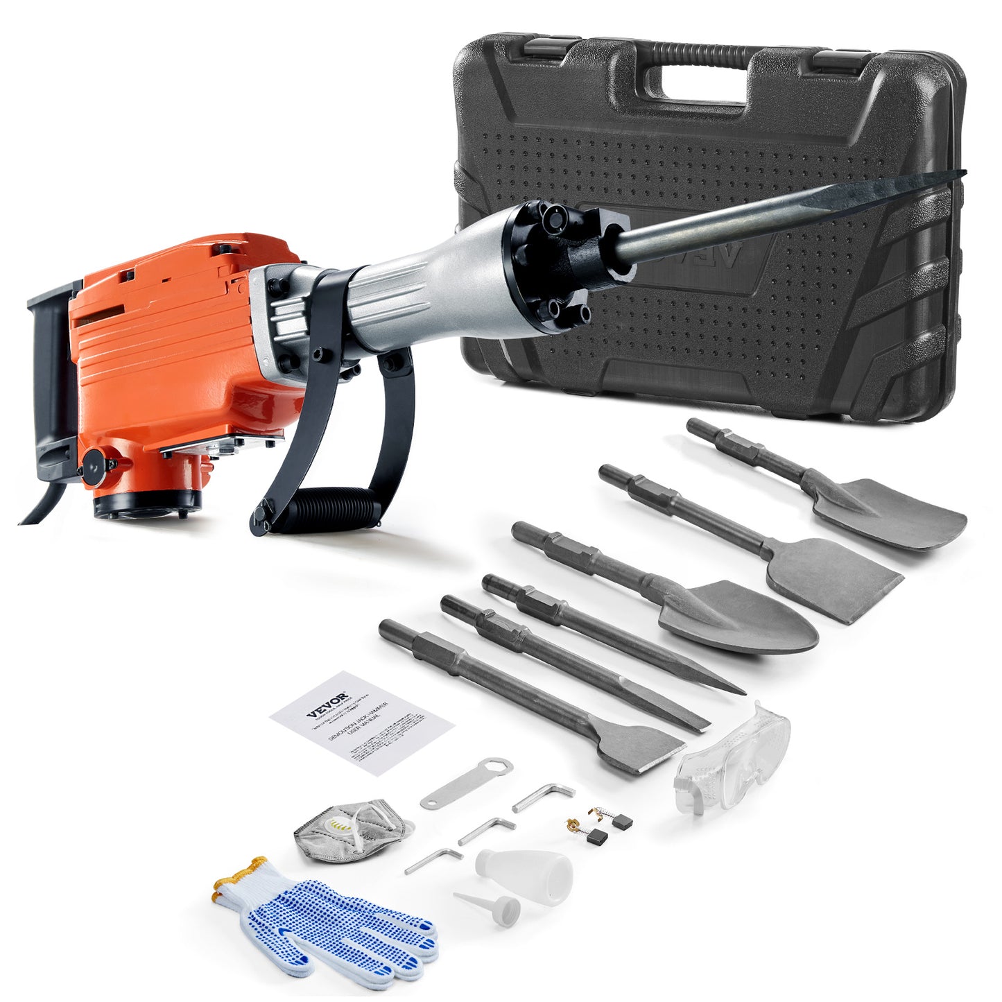 VEVOR Demolition Jack Hammer Concrete Breaker 2200W Electric Hammer 6 Chisel Bits