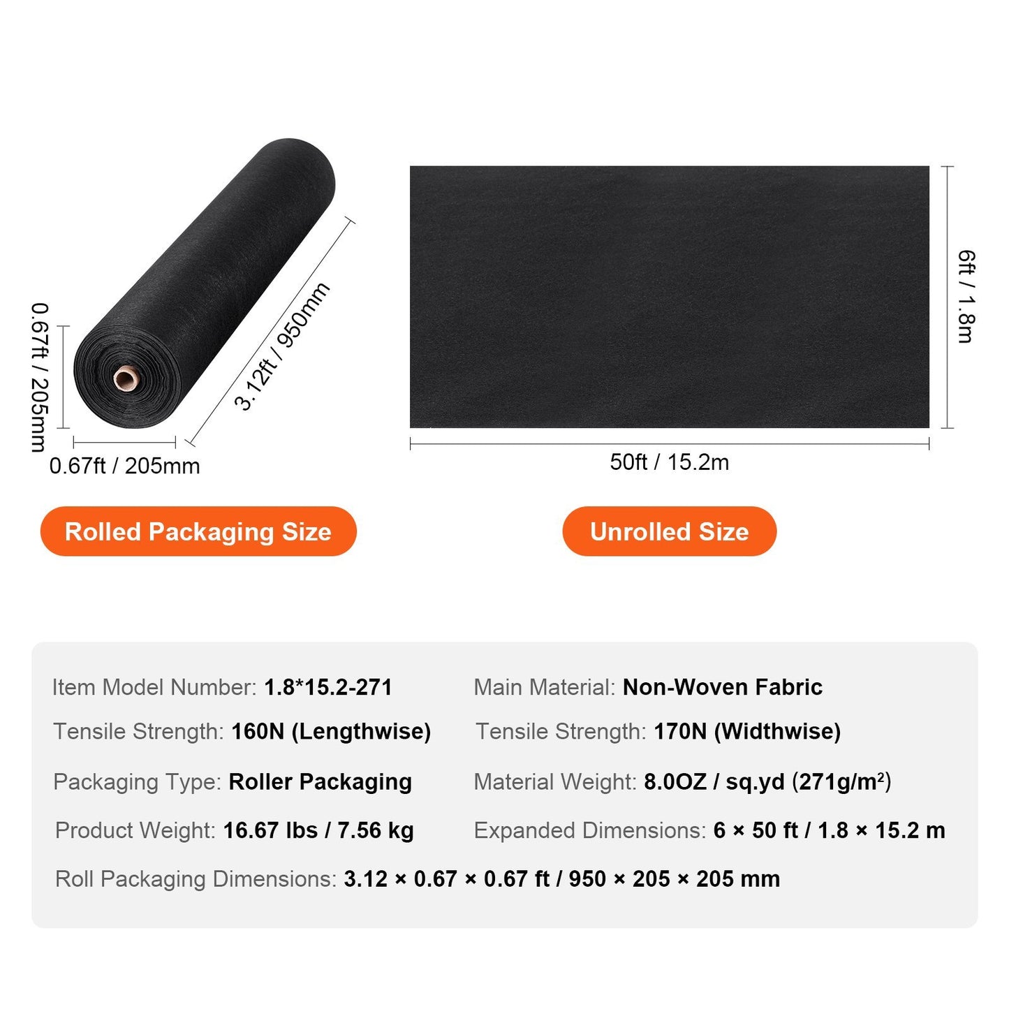 VEVOR Non-Woven Geotextile Fabric 6x50FT 8OZ Ground Cover Weed Control Fabric