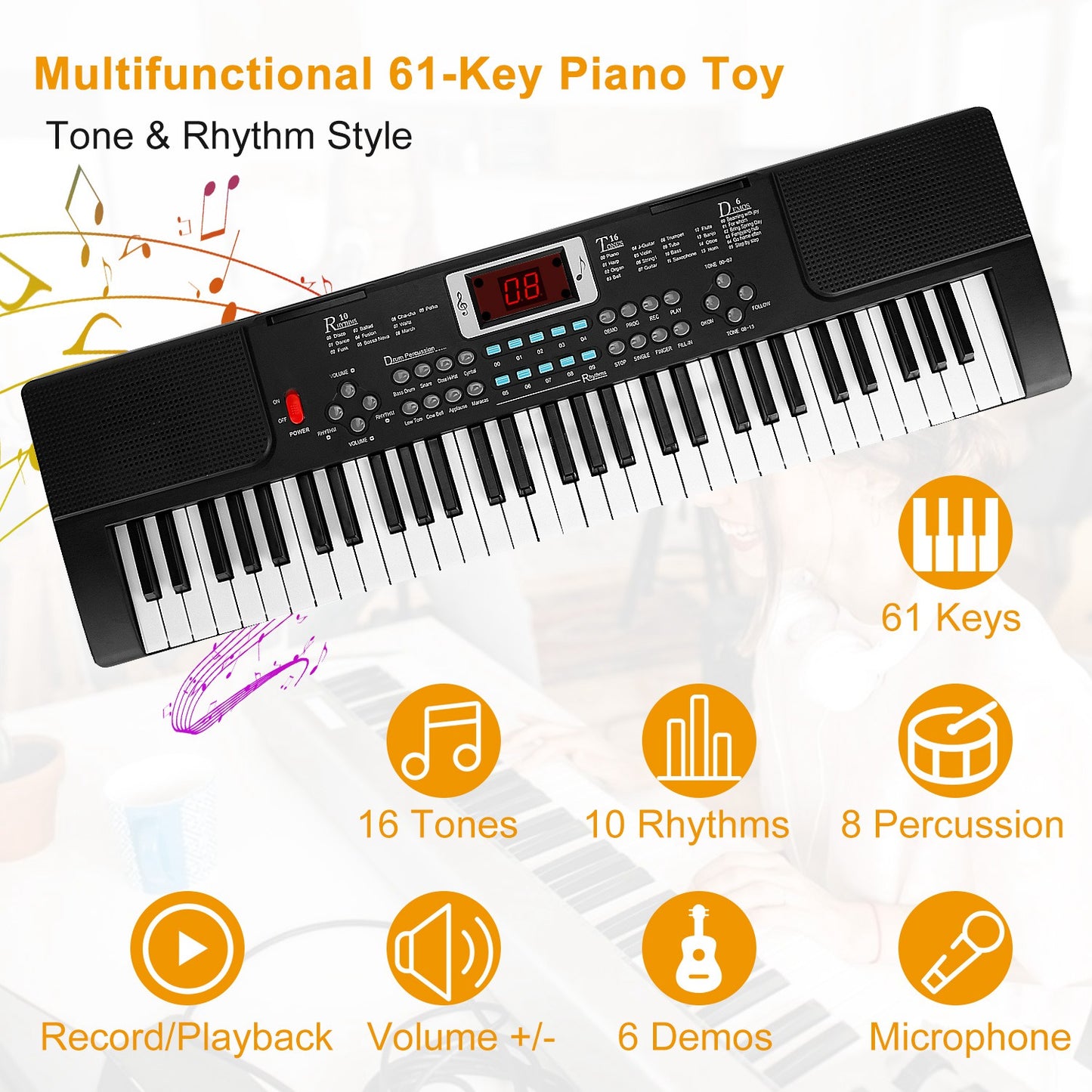 1P 61 Keys Digital Music Electronic Keyboard Electric Musical Piano Instrument Kids Learning Keyboard With Stand Microphone For Beginners