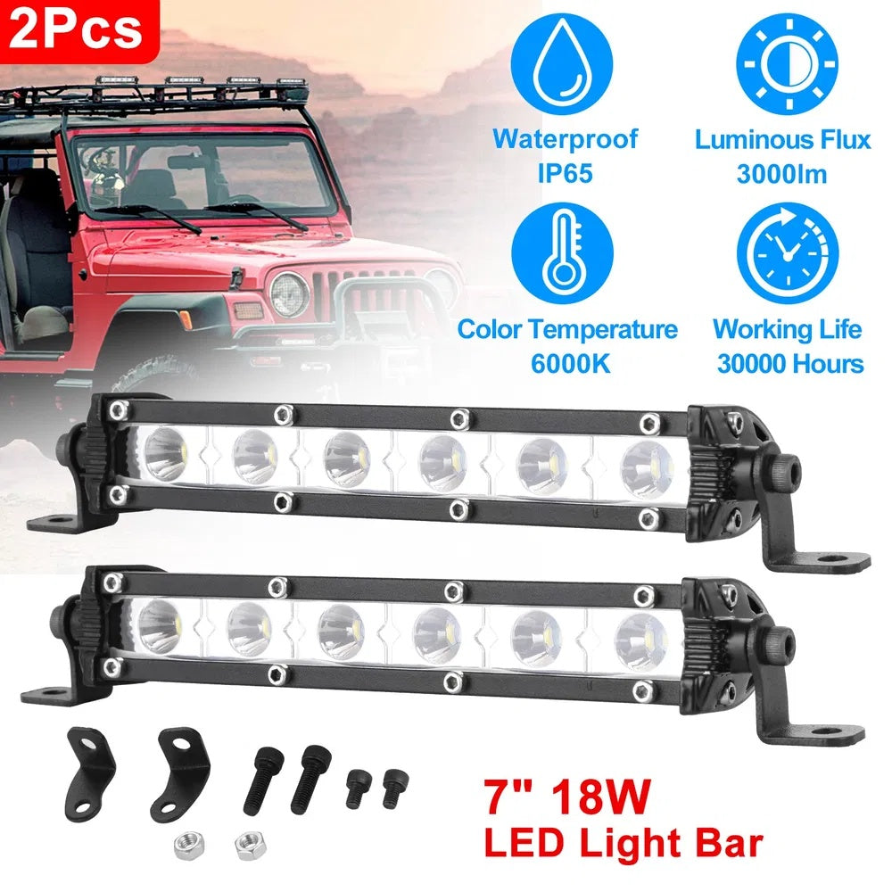 7" LED Light Bar Single Row Offroad Spot Lights 18W Ultra Slim Straight Work Light For Trailer Truck Bus Boat