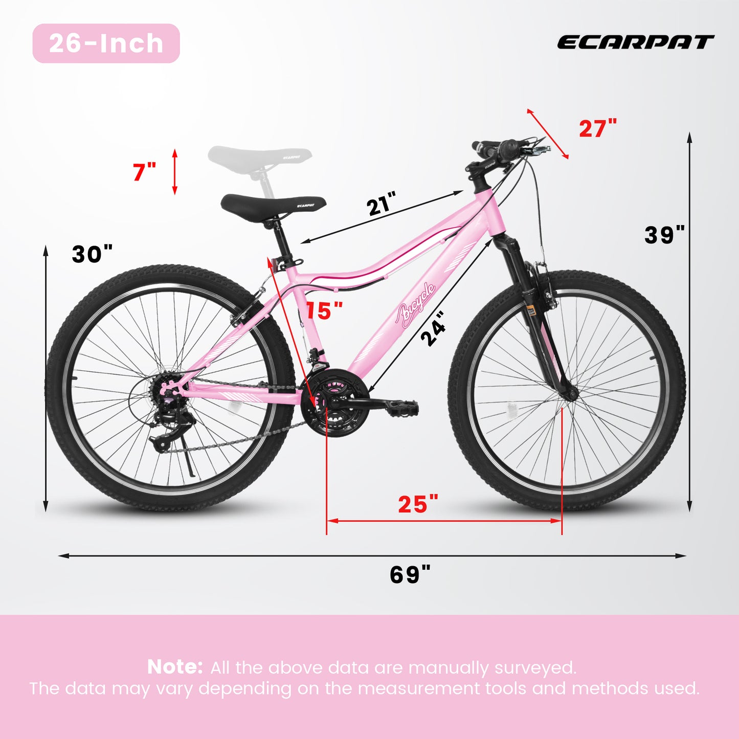 A26208D Mountain Bike 24 26 Inch, High-Density Carbon Steel Frame, 21 Speed, Front Suspension, Dual V-Brakes, Pre-Assembled For Men Women Teens