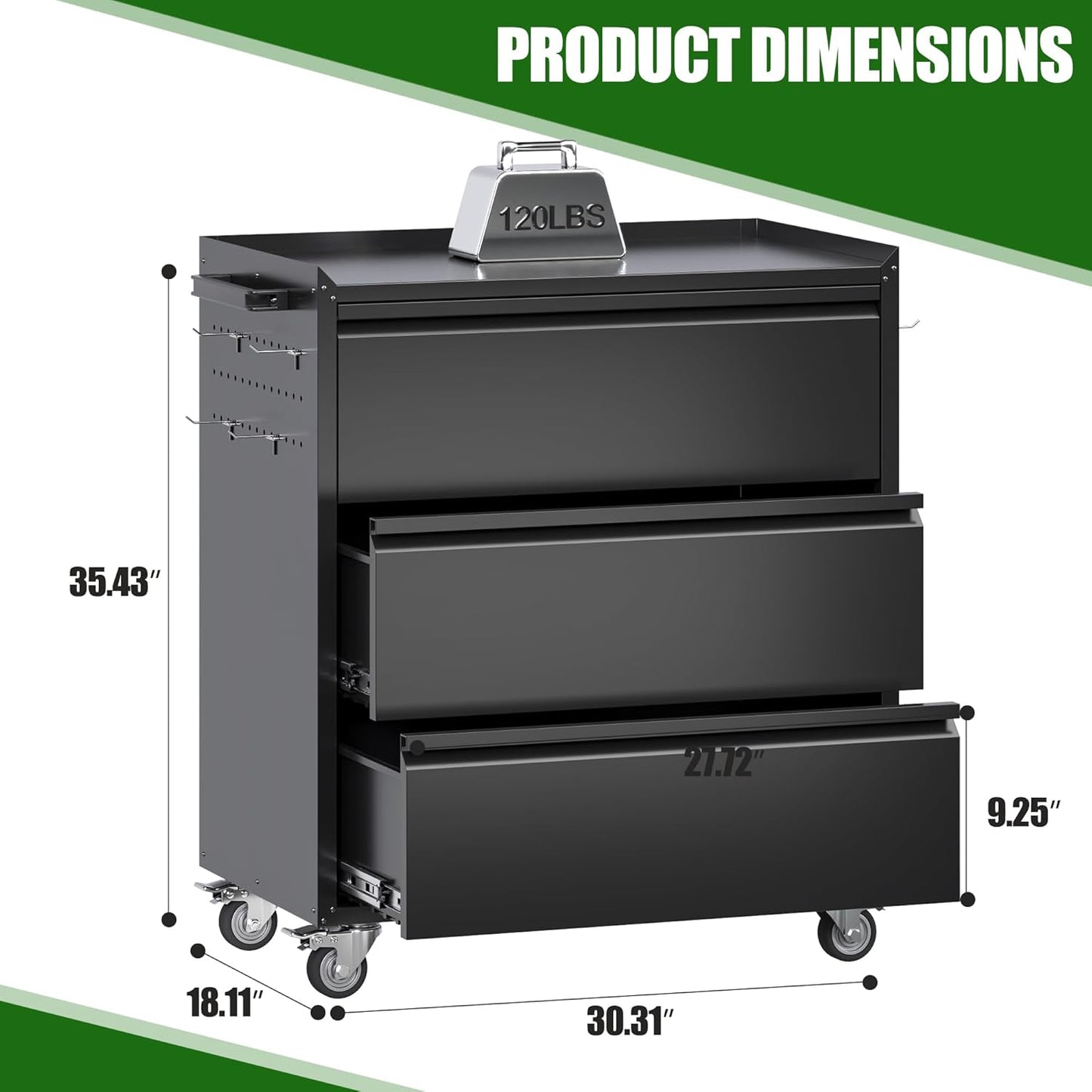 Metal Storage Cabinet With 3 Drawer And 4 Hooks,Top Workbench Mobile Tool Chests Garage Cabinets With 4 Wheels,Tool Cabinets For Home,Office,Shop