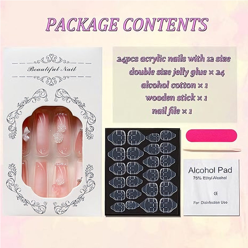 24 PCS Planet Pearl Flower Nail Art, Long Length Long Water Pipe Fake Nails,Square Head Nail Tips False Nail