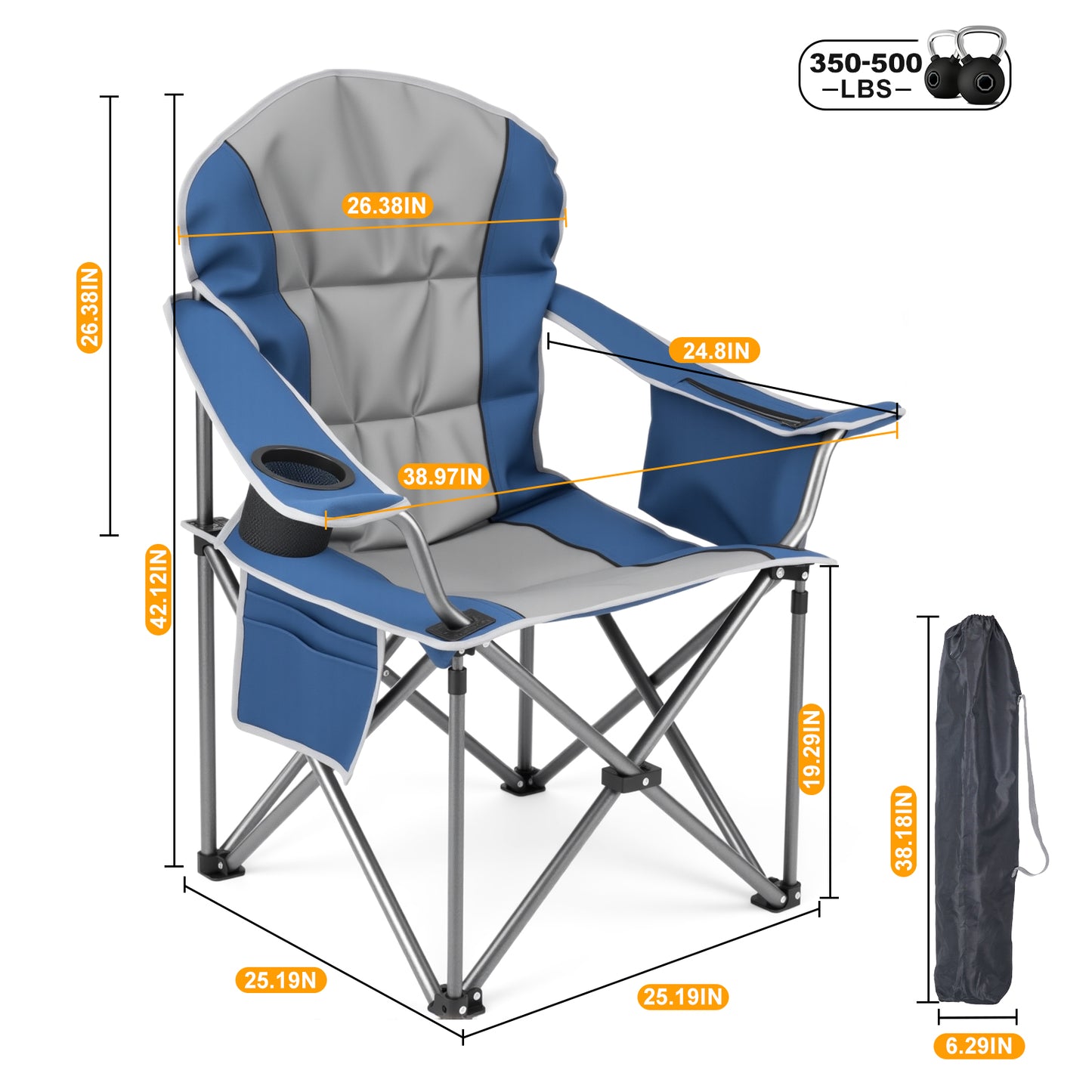 Oversized Camping Folding Chair, Heavy Duty Padded Chair With Cup Holder Storage And Cooler Bag, 5000 LBS Steel Frame, Portable For Outdoor