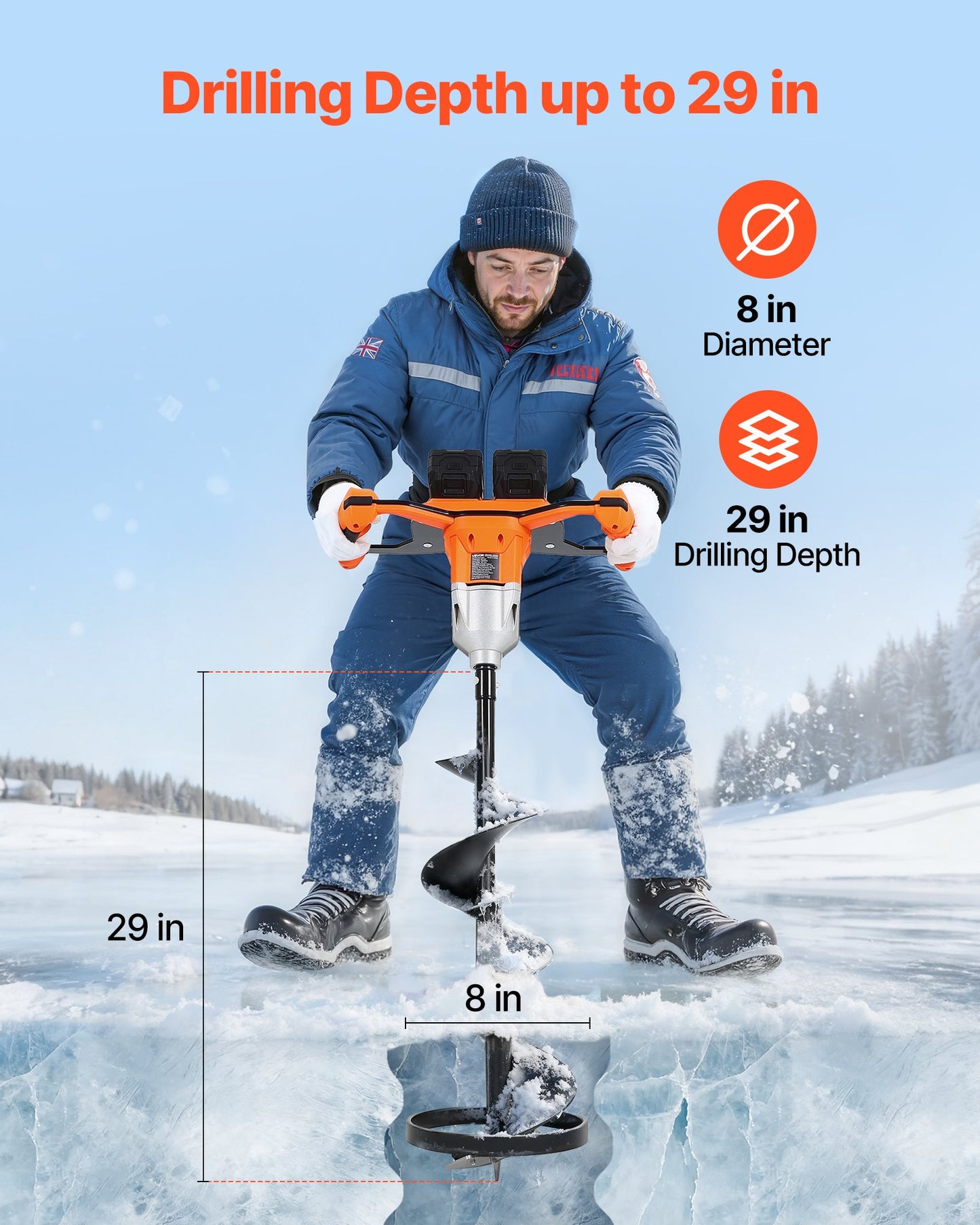 40V Electric Ice Auger, 2 In 1 Cordless Ice Fishing Augers And Earth Auger With 8" Ices & Earth Drill Bit, Cold-Resistant Post Hole Digger, Turbo High-Speed Cutting System