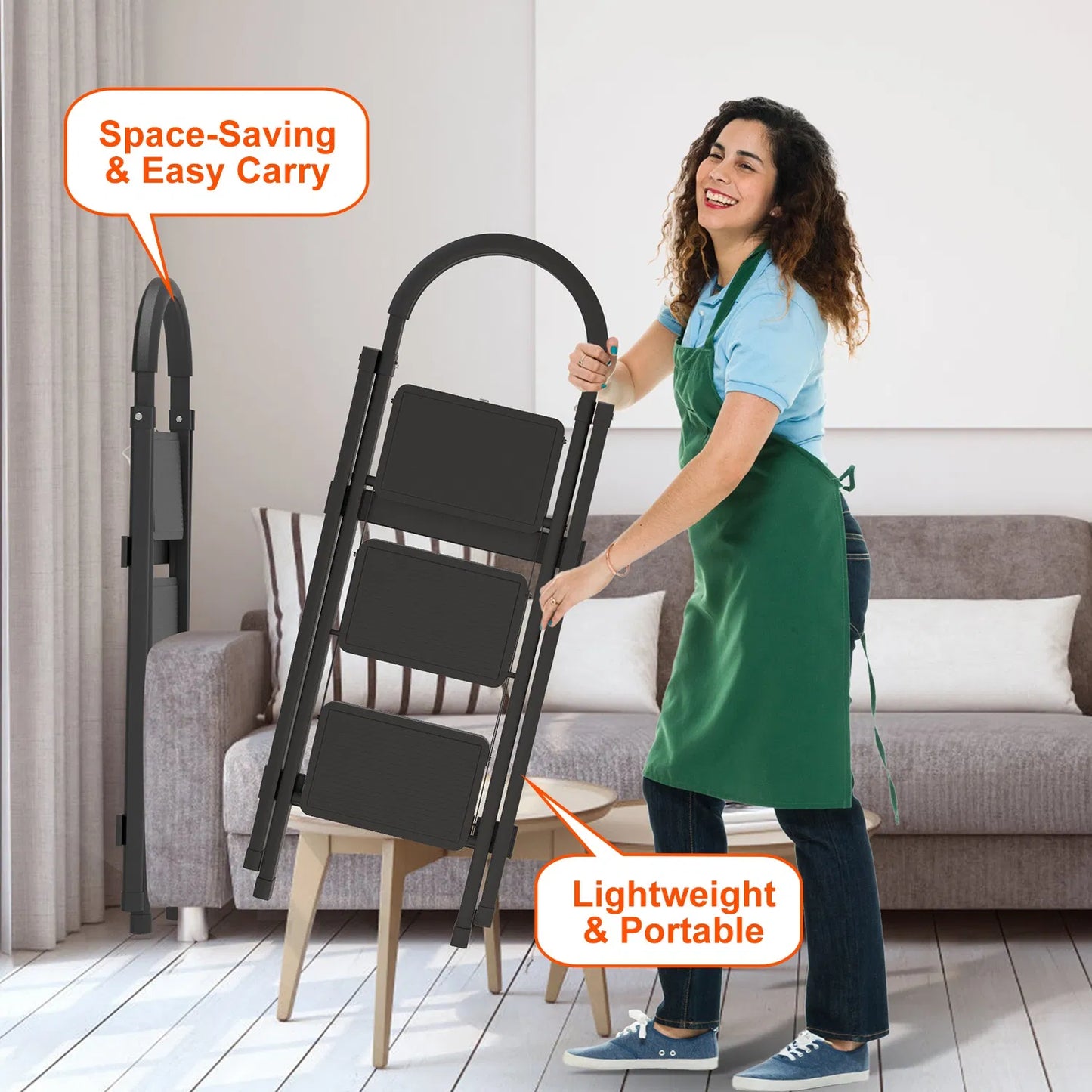 3-Step Folding Ladder, 330lbs Load Capacity, Lightweight 6.94lbs With 1.57in Folding Width, Heavy Duty Steel Construction, Non-Slip Pedals & Feet, Safety Lock, Multi-Use For Home Kitchen Living Room