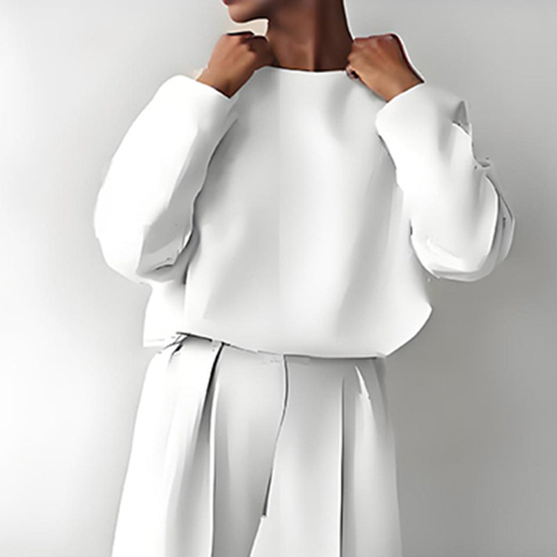 Women's Solid Color 2-Piece Set Round Neck Long Sleeve Top & Pleated Pants Loungewear For Spring & Fall