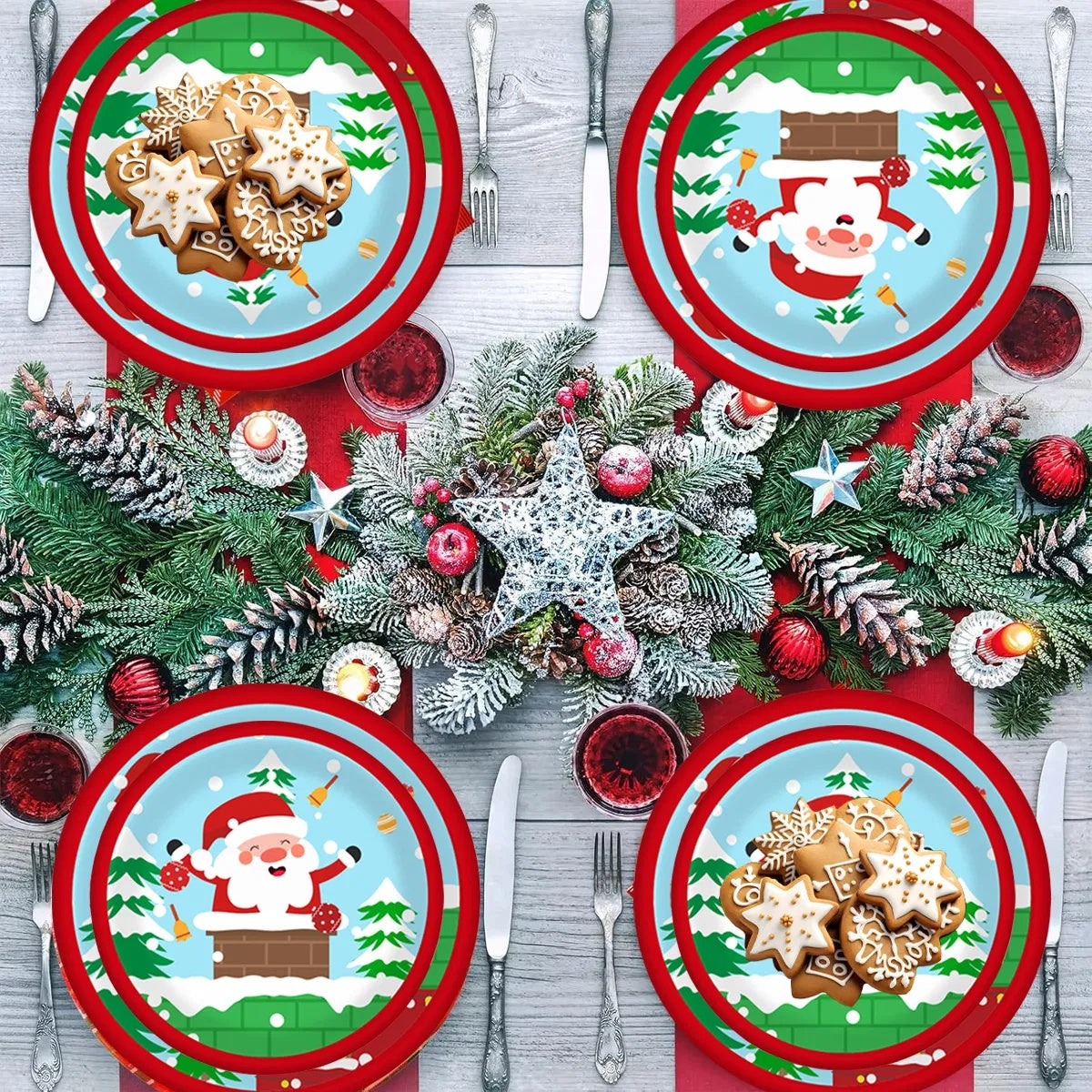 30Pcs Christmas Party Tableware Set 7 And 9 Inch Elk Claus Paper Plates 3.5 Inch Paper Cup Cute Xmas Disposable Cups For Xmas Holiday Dinner Supplies
