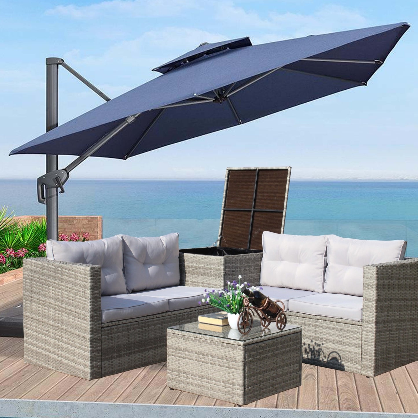 4Pc Patio Sectional Wicker Rattan Sofa Set W  Storage Box Grey